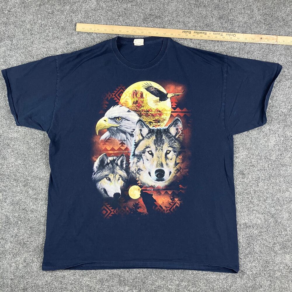 Fruit of the Loom T-Shirt Men's 2XL Navy Blue Wolf Eagle Graphic Animal Print‎